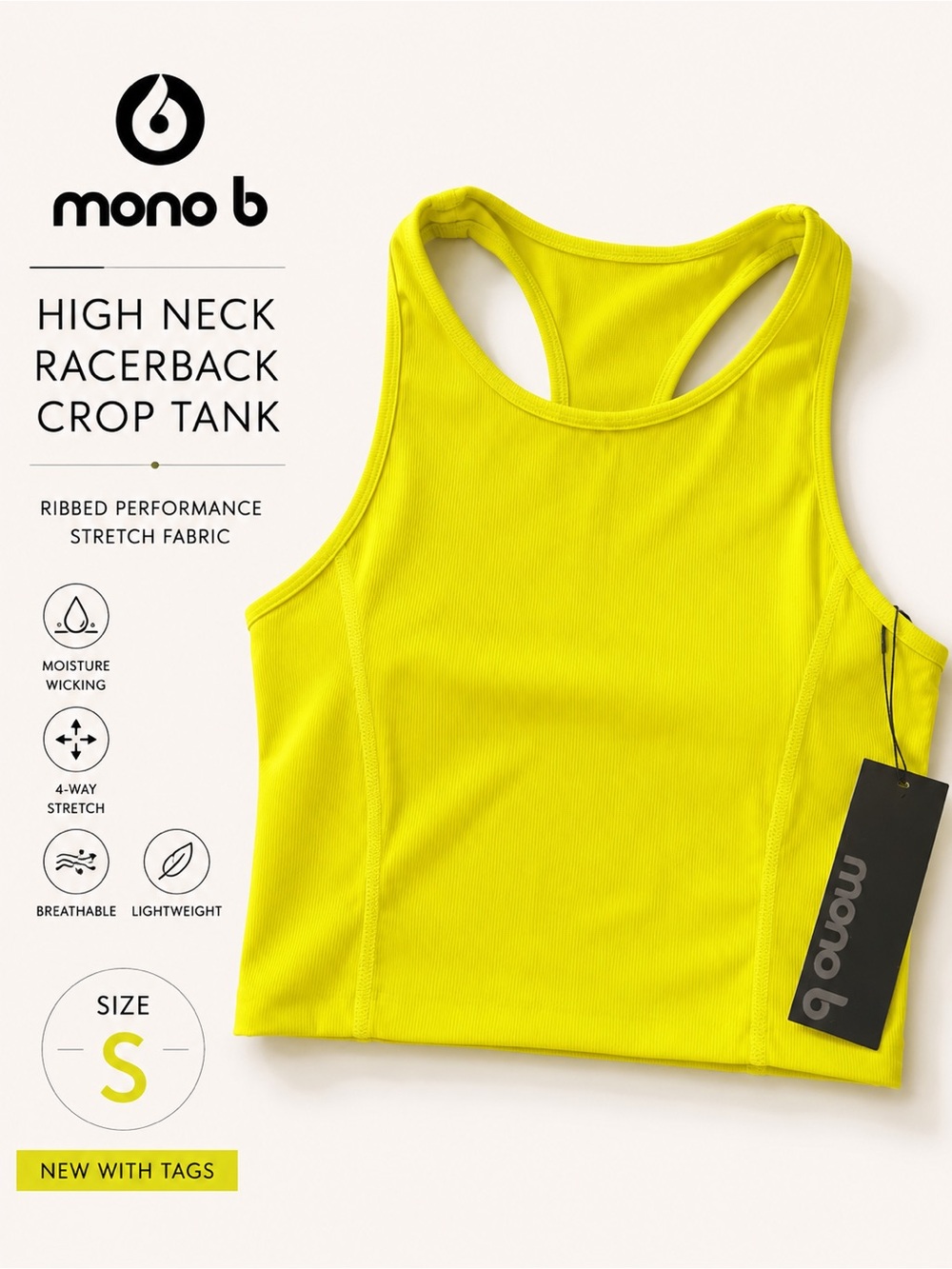 Mono B Neon Yellow High Neck Racerback Crop Tank style AT-B0488 NWT